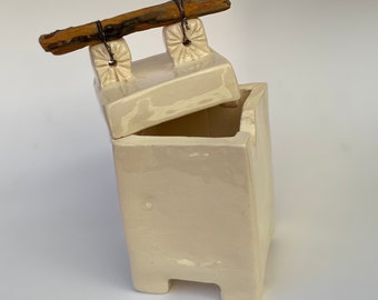 Dream Box / Wish Box / Jewel Box / God Box / Spirit Box with Driftwood Handle - Glossy Creamy Ivory White Porcelain Ceramic