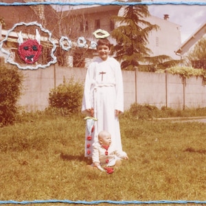 手刺繍のビンテージ写真、70 年代の家族のポートレート