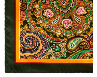 Bold Paisley Pocket Square Design in Yellowish Orange and Green