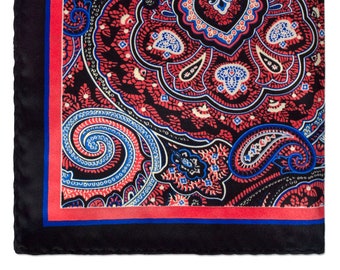 Bold Paisley Pocket Square Design in Black and Coral
