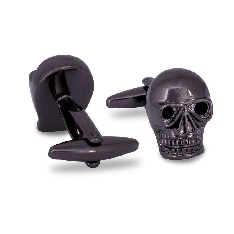 Gunmetal Skull Cufflinks with Black Crystal Eyes