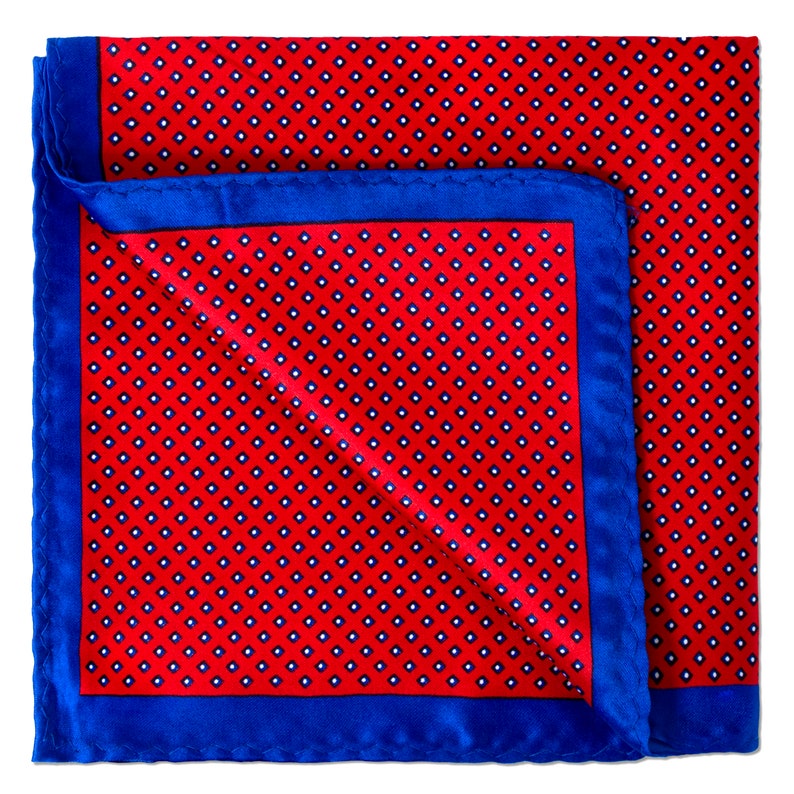 Square Dots Print Pocket Square in Red and Electric Blue Trimmings