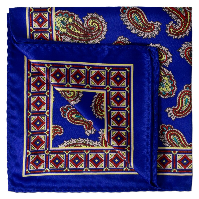 Wide Paisley Design Pocket Square on Electric Blue with Square Quilt Block Borders with Burgundy Details