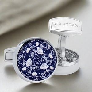 Peranakan Button Cover Cufflinks in Blue- Azthom