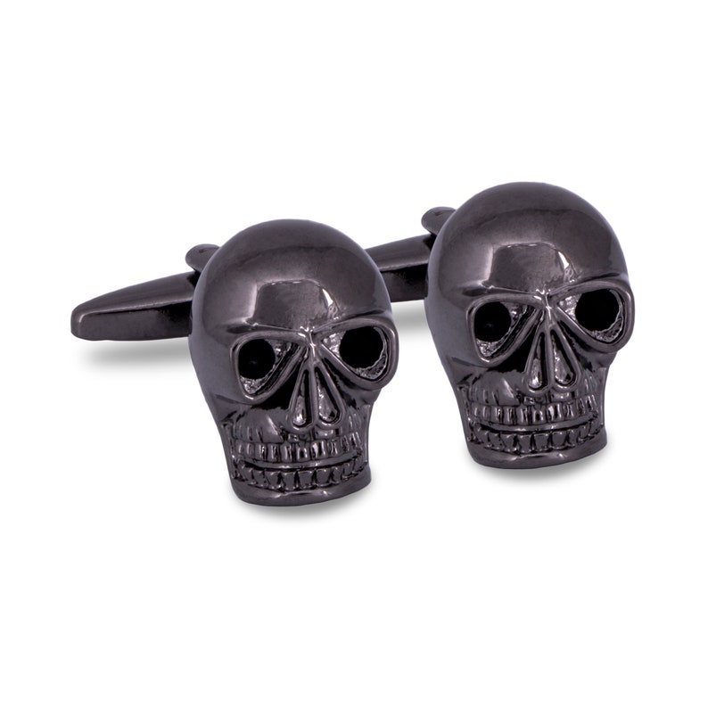 Gunmetal Skull Cufflinks with Black Crystal Eyes