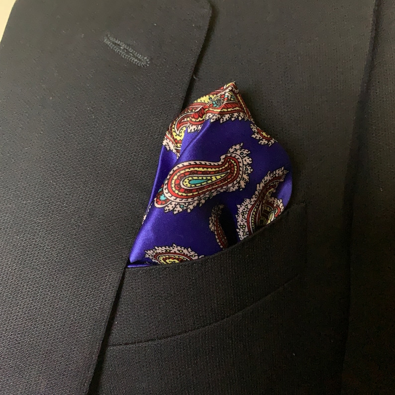 Wide Paisley Design Pocket Square on Electric Blue with Square Quilt Block Borders with Burgundy Details