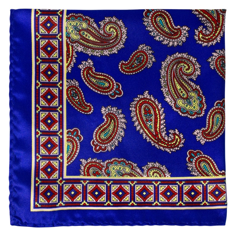 Wide Paisley Design Pocket Square on Electric Blue with Square Quilt Block Borders with Burgundy Details
