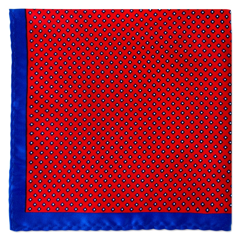 Square Dots Print Pocket Square in Red and Electric Blue Trimmings