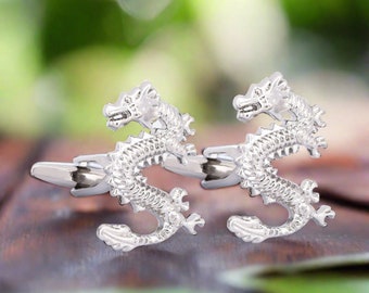 Rising Dragon Cufflinks: Rhodium Plated Copper Alloy