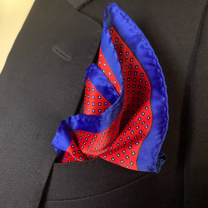Square Dots Print Pocket Square in Red and Electric Blue Trimmings