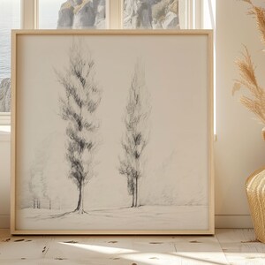 Vintage Baum Skizze, schwarz weiß Landschaft Kunstdruck, neutrale Bauernhof Feld Illustration, druckbare Natur Bleistiftzeichnung, digitaler Download