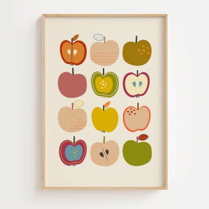 Süßes Obst, Obstmarkt-Druck, druckbare Kunst, Obstmarkt-Druck, Atomic Retro Herbst Poster, Märchenstunde Apfel, Kunst, fruchtige Volkskunst, digitaler Download