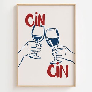 Cin Cin アートプリント、レトロな赤ワインのウォールアート、スタイリッシュなカクテルバーカートのポスター、パーティー主催者へのギフト、新婚カップルへのギフト、デジタルダウンロード