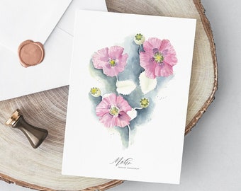 Set of 10 watercolor pink poppies greeting card with envelopes