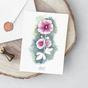 Delicato biglietto di auguri con malva, biglietto floreale con buste, dipinto botanico, acquerello
