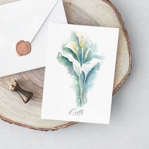 Delicate wenskaart met een calla lelie, bloemenkaart met enveloppen, botanisch schilderij, aquarel