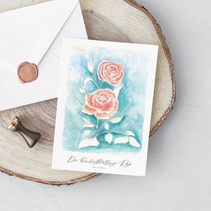 Delicato biglietto di auguri con una rosa dai cento petali, biglietto floreale con buste, dipinto botanico, acquerello