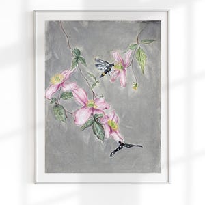 Originalmalerei Berg-Waldrebe, rosa Clematis mit Schmetterlingen, Geschenkidee Kunstliebhaber | Judit Fortelny Fine Art