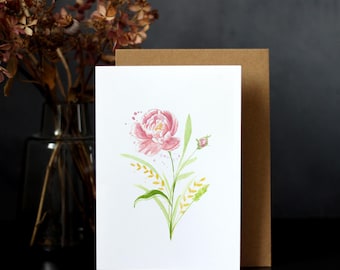 Peony greeting card, flower card with envelope, botanical painting, floral watercolor, birthday card