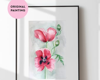 Original painting: Botanical watercolor two red poppies | Judit Fortelny Fine Art