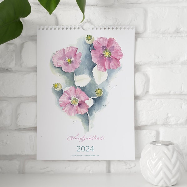 2024 Wandkalender Blumen, A4, deutsche & österreichische Feiertage, Kunstkalender Aquarell, Blumenkalender, botanischer Kalender