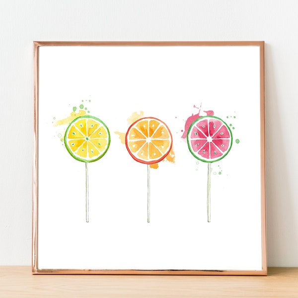 Retro Früchte Lollies Kunstdruck, Süßigkeiten Poster, Küchendekoration, Ungerahmt, quadratisch in verschiedenen Größen, Geschenkidee