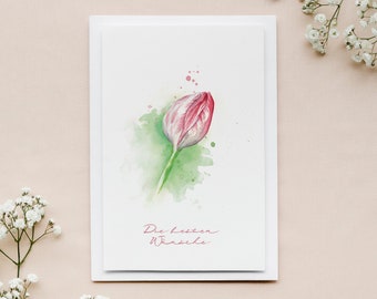 Delicate greeting card tulip, "Best wishes", flower card with envelope, congratulations card, floral watercolor