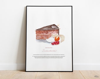 Viennese Cakes Art Print - Sacher Cake Illustration - Kitchen Wall Decor - Various Sizes