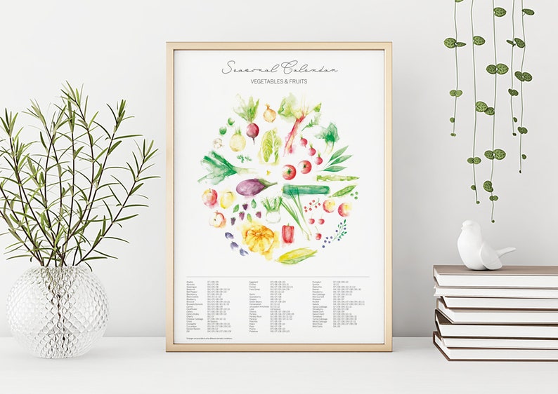 Seasonal Fruits and Vegetables Art Print Cooking Poster Kitchen Wall