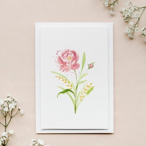 繊細なグリーティング カード牡丹、封筒付きフラワー カード、植物画、花の水彩画