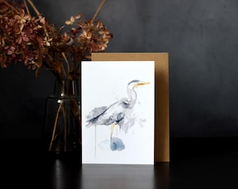 Bird greeting card grey heron, bird card with envelope, native birds watercolor illustration