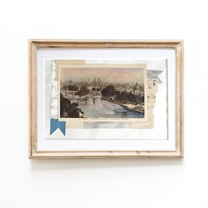 collage vintage Paris, panorama de la Seine, carte postale coloriée à la main des années 1920, cadeau d'art voyage | JF Design Beaux-Arts