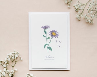 Delicate greeting card with an autumn aster, flower card with envelope, botanical painting, floral watercolor