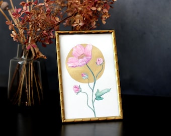 Original Aquarell – Cosmea mit goldenem Kreis | Gerahmte botanische Kunst im Vintage-Metallrahmen