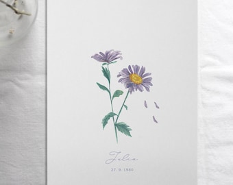 May include: A watercolor illustration of a purple flower with a yellow center and green leaves. The flower is on a white background with the name "Julia" and the date "27.9.1980" written below it.