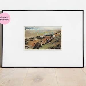 Originalmalerei: Fernweh – Alte Französische Karte handkoloriert & bestickt, Mixed Media Kunst, Postkarte von Calvados, Kunstkarte