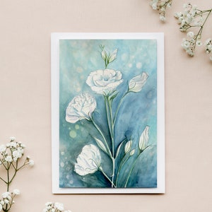 繊細なグリーティング カード リシアンサス、封筒付きフラワー カード、植物画、花の水彩画