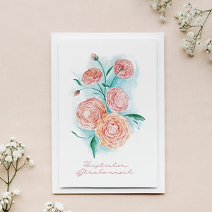 Fijne wenskaart ranonkel, “Gefeliciteerd”, bloemenkaart met envelop, verjaardagskaart, trouwkaart