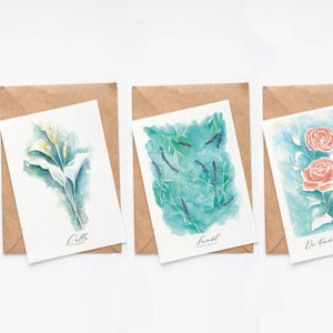 Pakket met 3 felicitatiekaarten, bloemenkaarten met envelop, aquarelbloemen, calla lelie, lavendel, roos - verjaardag, bruiloft, jubileum