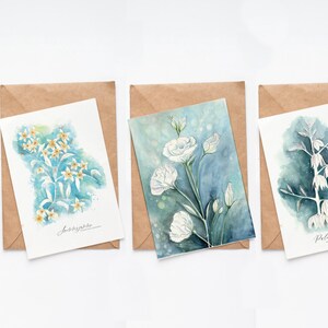 Pakket met 3 felicitatiekaarten, bloemenkaarten met envelop, aquarelbloemen, jasmijn, lisianthus, palmlelie - verjaardag, bruiloft, jubileum