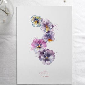 Personalized Birth Flowers, Wall Art Violet, Family Portrait, Floral Decoration, Print with Name and Date, February Birth Gift