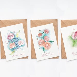 Pakket van 3 felicitatiekaarten, bloemenkaarten met envelop, delicate bloemenaquarel, roos, ranonkel, tulp - verjaardag, bruiloft, jubileum