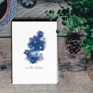 Moderne rouwkaart, elegante condoleancekaart cyanotype voor stijlvolle condoleances en dank