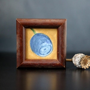Mini blueberry still life watercolor painting on gold – decorative vintage kitchen art, 6.5 x 6.5 cm | Judit Fortelny Fine Art
