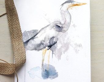 Delicate greeting card gray heron, bird card with envelope, native birds illustration