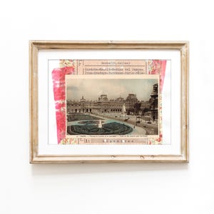 Vintage postcard collage, hand-colored 1920s card, Paris, Louvre – art gift for travelers | JF Design Fine Art