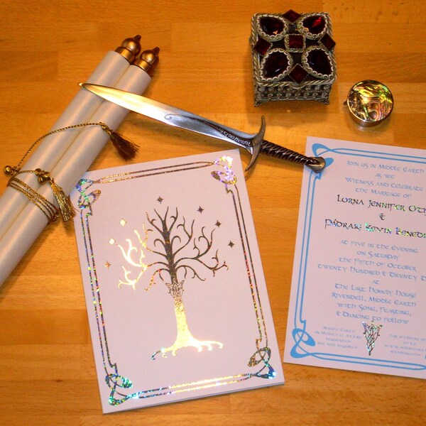 Mithril LOTR White Tree of Gondor Silver Foiled Wedding Invitation Suite Sample