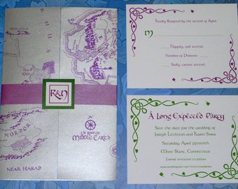 Silver Middle Earth Map, LOTR, Hobbit, Mithril Wedding Invitation Suite