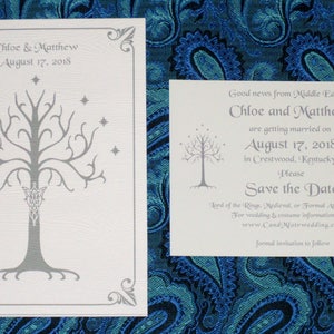 White Tree of Gondor Invitation, Aragorn, Arwen, LOTR, Hobbit, Elven Wood-Grain Pocketfold Wedding Invitation Suite Sample image 6