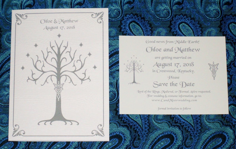 White Tree of Gondor Invitation, Aragorn, Arwen, LOTR, Hobbit, Elven Wood-Grain Pocketfold Wedding Invitation Suite Sample image 6